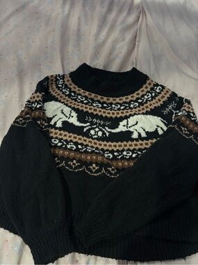 Free People Black Fair Isle Sweater with White Elephant Motif